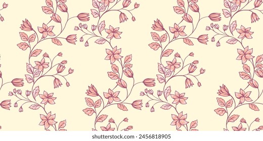 Pastel seamless pattern with creative wild floral stems. Abstract artistic curved branches with tiny flowers, bells, leaves intertwined in patterned. Vector hand drawn. Template for designs, 