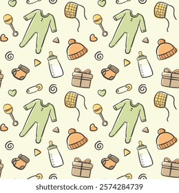 pastel seamless pattern with cute baby stuffs illustration. perfect for wrapping paper, gift paper, wallpaper, and prints