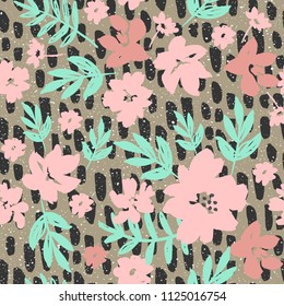 Pastel Seamless Pattern Design with Cute Flowers and Palm Leaves 