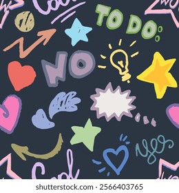 Pastel seamless pattern with elements: stars, harts arrows and exclamation mark. Hand draw, doodle with texture, vector, isolated. Words in English: “Yes”, “no”, “important”, “today”, “cool”.