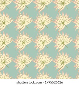Pastel seamless pattern with exotic leaf silhouettes. Light blue background with pink contoured light yellow elements. Great for wrapping, textile, fabric print and wallpaper. Vector illustration.