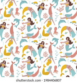 Pastel seamless pattern with fairy mermaids and cute underwater sea creatures - dolphin, octopus, coral. Endless repeatable fairytale texture. Colored flat vector illustration on white background