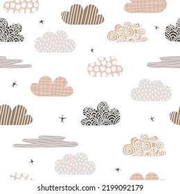 Pastel seamless pattern with fantasy clouds. Kids cute print. Vector hand drawn illustration.