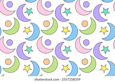 Pastel seamless pattern featuring moons, stars, and circles in soft colors, ideal for dreamy or whimsical designs.