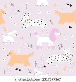 Pastel seamless pattern with flowers and dogs. Childish print. Vector hand drawn illustration.