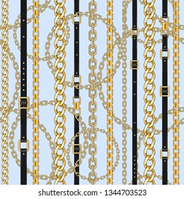 Pastel seamless pattern with gold chain on white background for fabric. Trendy repeating print.