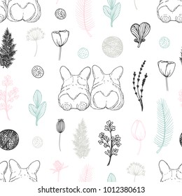 Pastel seamless pattern with hand drawn dogs and flowers. Cute doodle background. Vector illustration