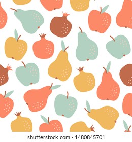 Pastel seamless pattern with hand drawn fruit in cartoon style. Flat background: apple,  pear and garnet. Summer vector illustration