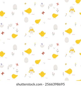 Pastel seamless pattern Happy Easter. Chicks and eggs butterflies and flowers. On isolated white background