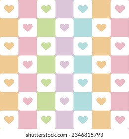 patrón pastel sin costura con corazones sobre un fondo a cuadros.