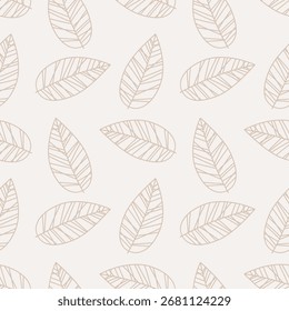 Pastellfarbenes, nahtloses Muster mit spitzen, doodligen Blattkonturen auf weichbeigem Hintergrund. Geeignet für Hintergründe, Textilien, Verpackungen und Träger.