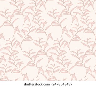 Pastel seamless pattern with lines leaf stems. Abstract, artistic branches leaves printing on a light beige background. Vector hand drawing. Template for designs, textile, fashion, fabric