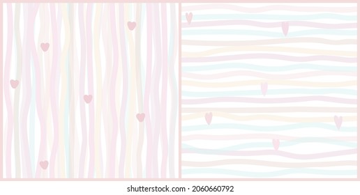 Pastel seamless pattern with lines, stripes and hearts. Hand painted repeated vector background. Eps 10