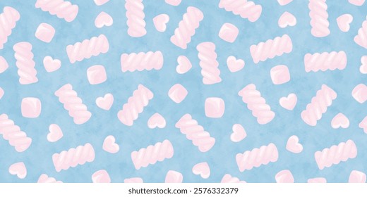 Pastel seamless pattern with marshmallow sweets and watercolor texture. Cute pink twisted candies and gummies in heart shape. Valentines day background with marshmallow, vector illustration