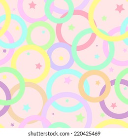 Pastel seamless pattern with multicolored, overlapping rings on pink background