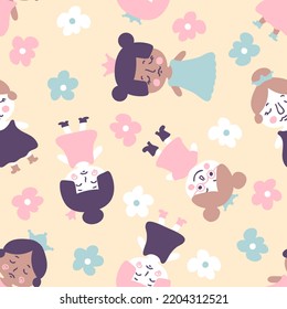 Pastel seamless pattern with princess and flowers. Perfect romantic print for tee, paper, fabric, textile. Hand drawn vector illustration for decor and design.



