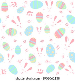 Pastel seamless pattern with rabbits, paws and eggs. Repetitive Easter background with bunnies for kids and babies. Christian and religious traditional concept for spring Holidays.