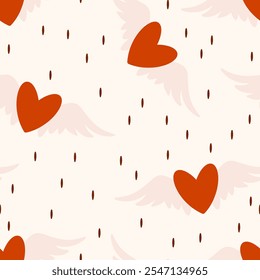 Pastel seamless pattern with red hearts, wings, and rain for Valentine's Day. Festive print for the celebration of love. Hearts with wings and raindrops falling down. Seamless pattern for textiles