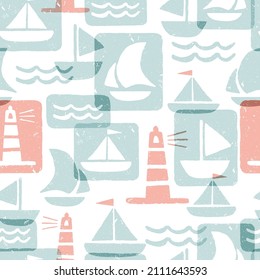 Pastel seamless pattern with ship and lighthouse. Vector background in block print style.