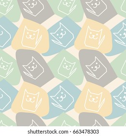 Pastel seamless pattern with smiling cat silhouettes placed on colorful spots. Funny childish texture. Soft yellow, blue, green colors.
