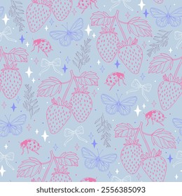 Pastel Seamless Pattern with Strawberries, Butterflies, Bugs, and Cute Bows. Hand-Drawn Vector background