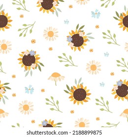 Pastel seamless pattern with sunflowers and daisies. Floral background, delicate cartoon flowers