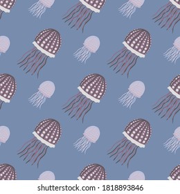 Pastel seamless pattern with underwater animals silhouettes. Jellyfish simple diagonal ornament on blue background. Perfect for wallpaper, textile, wrapping paper, fabric print. Vector illustration.