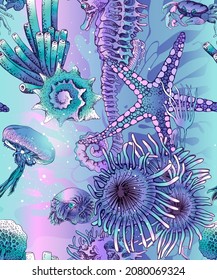 Pastel seamless pattern. Underwater world. Jellyfishes, seahorse, starfish, true crab, corals and shells. Textile, hand drawn style print. Vector illustration.