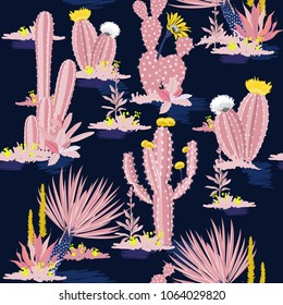 Pastel Seamless pattern vector summer cactus on desert mix with beautiful  blooming succulents flower for fashion fabric and all prints on navy blue background.