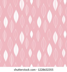 Pastel seamless pattern. White leaves on rose color background. Small elegant leaf silhouettes. Modern fashion repeat vector illustration.