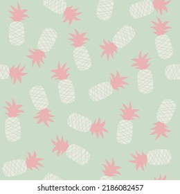 Pastel seamless pattern with white and pink pineapple on mint background. Fruit print. Vector hand drawn illustration.