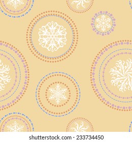 Pastel seamless snowflakes background with circles on beige