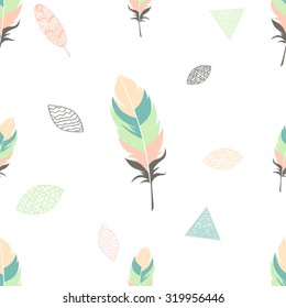 Pastel seamless tribal pattern with feathers