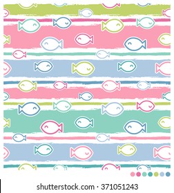 Pastel seamless vector pattern with fishes on stripes background