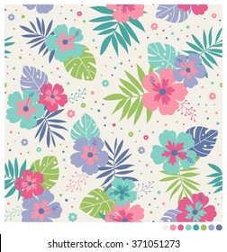 Pastel seamless vector pattern with hibiscus, leaves and dots