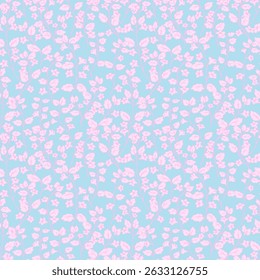 Pastel seamless vector pattern with pink forest flowers and leaves on blue background. Nature Ornament print for packaging, stationery, and botanical themed surface designs, fabric, wallpaper