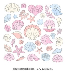 Ilustración de Colección de conchas de mar pastel en estilo costero suave para decoración de verano, invitaciones, marca y proyectos creativos
