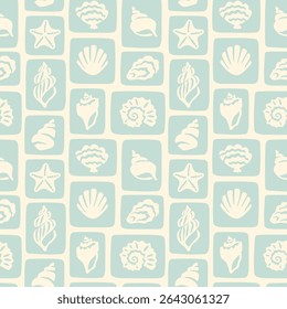 Pastel seashells mosaic summer seamless pattern. Retro sea holiday collage background illustration. Patchwork blocks vintage marine print. Pastel nautical summer pattern. Hand drawn shells collection.