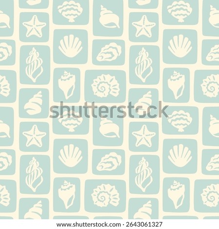 Pastel seashells mosaic summer seamless pattern. Retro sea holiday collage background illustration. Patchwork blocks vintage marine print. Pastel nautical summer pattern. Hand drawn shells collection.