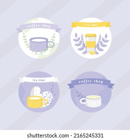 Pastel set coffee and tea collection. Vector illustration with cup coffee, cup tea and plants. Cute stickers for bussiness.