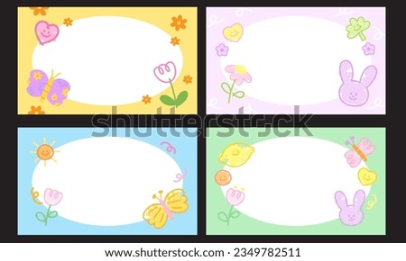 Pastel set of four frames with bunny, butterfly, flower, lemon for spring and summer, banner, polaroid photo, name tag, notepads, memo, print, ad template, social media, poster, background, wallpaper