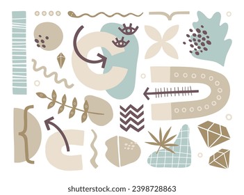 A pastel set of hand-drawn various shapes and objects-doodles. Abstract organic modern vector illustration. Isolated vector elements