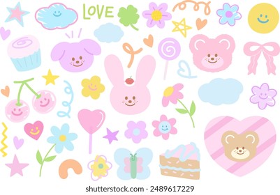 Pastel set of puppy, bunny, teddy bear, cupcake, cake, cherry, flowers, clover leaf, cloud, butterfly, heart, ribbon for animal, cartoon character, cute patches, brooch, plush toy, emoji, kid doll, ad