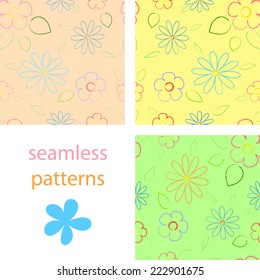 The pastel set of seamless patterns with flowers and daisies drawn with a pencil on a black background