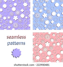 The pastel set of seamless patterns   with a variety of paper flowers with shadow