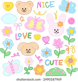 Pastel set of teddy bear, puppy, bunny, butterfly, flowers, heart, cloud for cartoon character, animal brooch, cute patches, plush toy, kid doll, shirt print, zoo, souvenir shop, pet, vet, happy emoji