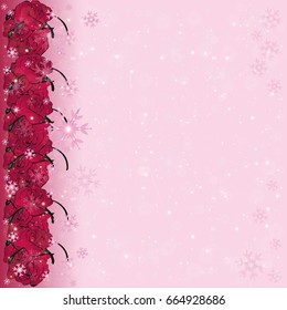 Pastel shine Christmas card with snowflakes and red roses 