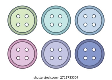Conjunto de Botón de camisa pastel. Ilustración vectorial. Botones de costura coloridos en estilo de color plano con contorno audaz aislado sobre fondo blanco. EPS 10. Verde pálido, aqua, azul del bebé, rosa claro, púrpura, azul
