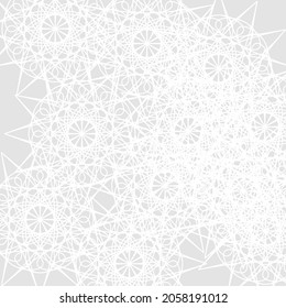 Pastel Silver Print Mystery Ornamental Satanic Folk Lace Background. Cold Monochrome Calm Light Winter Luxury White Complicated Pattern. Mandala Sharp Chaotic Soft Stars Frost Grey Ice Background.