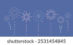 Pastel simple flat line fireworks collection. Minimal cute illustration isolated background. Design concept for holiday banner, celebration, poster, flyer, greeting card, decorative elements